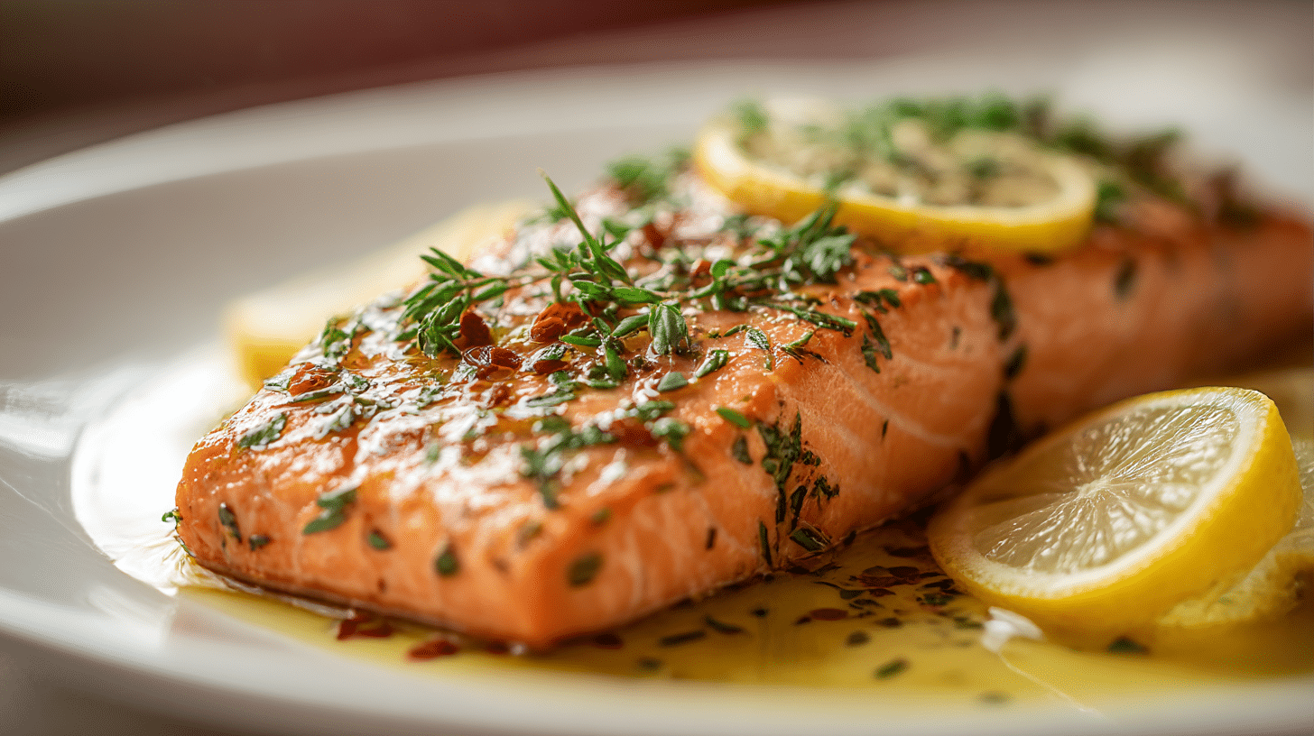 Pavé de saumon au airfryer, garni d'herbes fraîches et de tranches de citron.