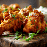 Poulet airfryer croustillant vu de haut, prêt à être dégusté.