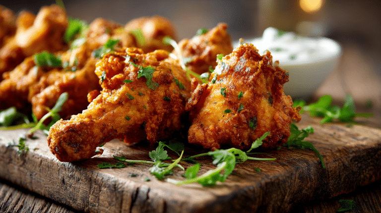 Poulet airfryer croustillant vu de haut, prêt à être dégusté.