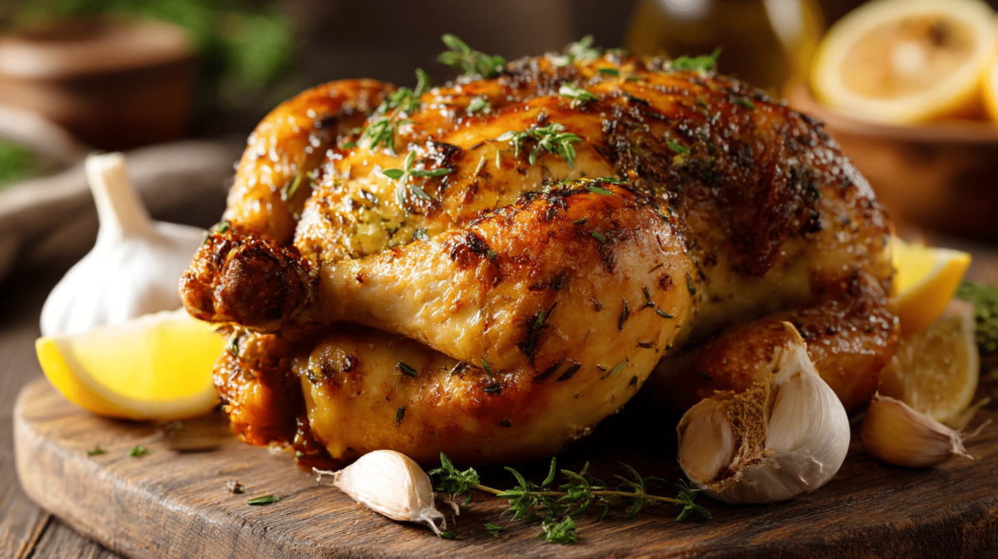 poulet rôti au airfryer présenté sur une table, prêt à être dégusté