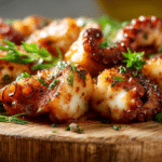 Poulpe au airfryer croustillant, servi avec des garnitures colorées