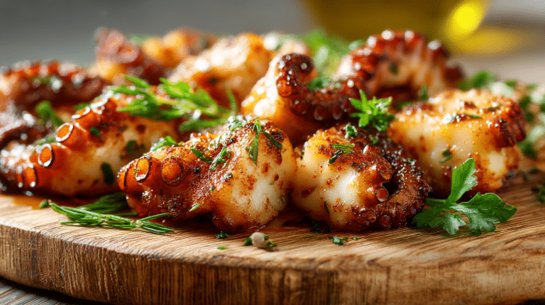 Poulpe au airfryer croustillant, servi avec des garnitures colorées