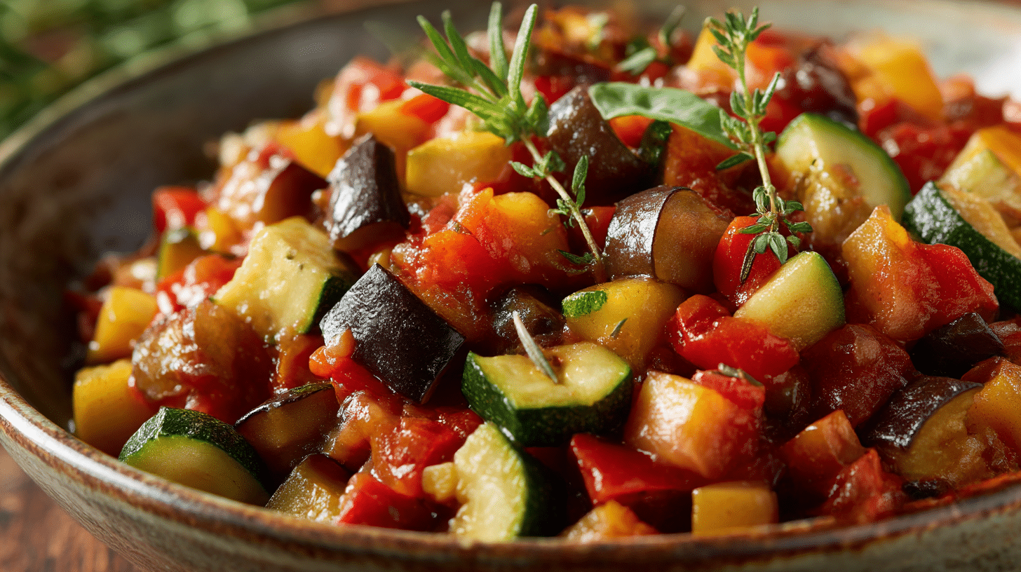Ingrédients frais pour la ratatouille airfryer, prêts à être cuisinés.
