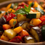 Ratatouille airfryer colorée avec des légumes frais cuits à la perfection.