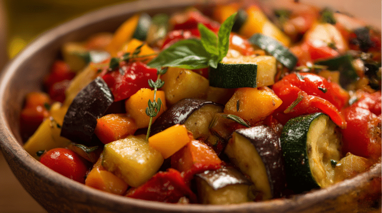 Ratatouille airfryer colorée avec des légumes frais cuits à la perfection.
