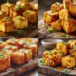 Tofu croustillant airfryer en train de cuire, doré et croustillant.