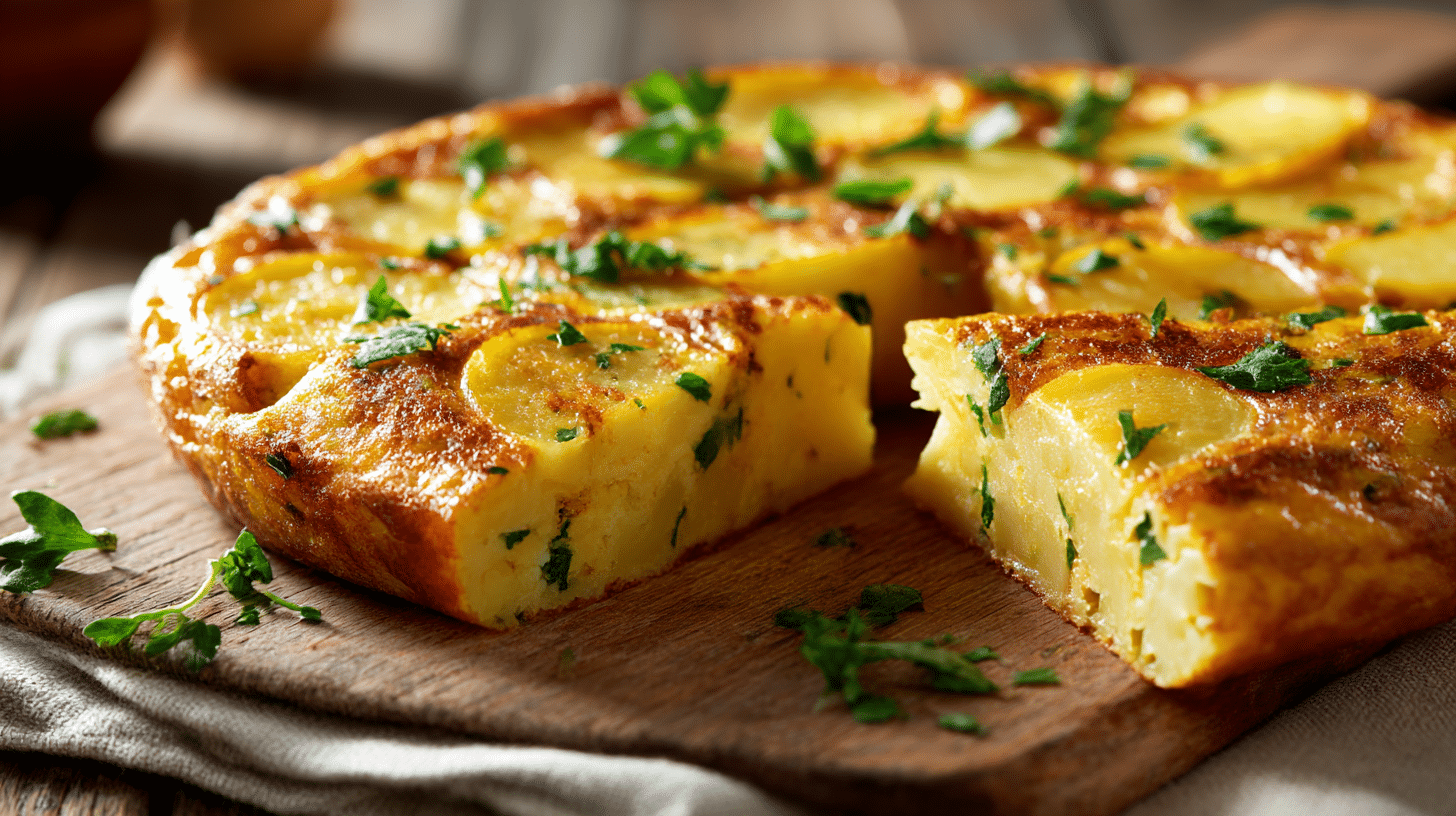 Tortilla espagnole airfryer en cours de cuisson, avec une belle couleur dorée