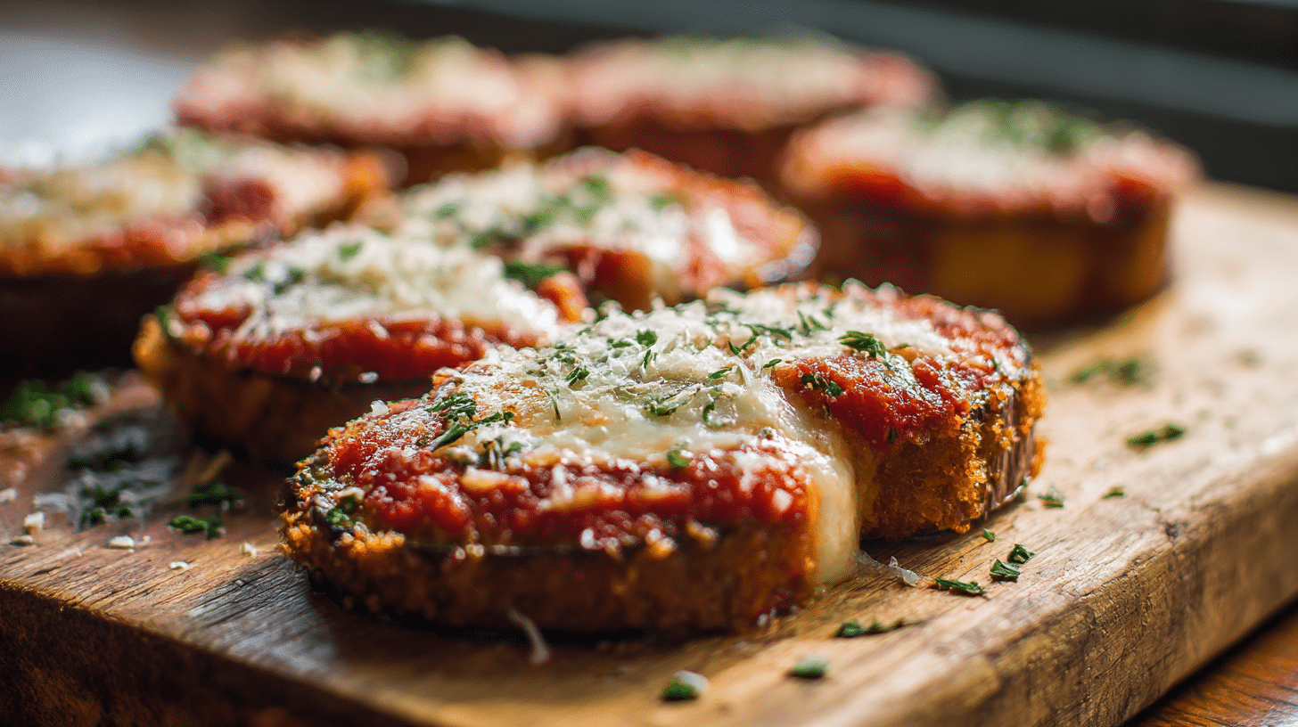 Aubergines façon pizza airfryer, garnies et servies dans une assiette, prêtes à être dégustées.