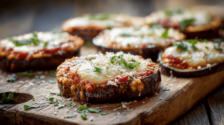 Aubergines façon pizza airfryer, croustillantes et savoureuses, prêtes à déguster.
