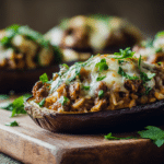 Aubergines farcies airfryer, croustillantes et savoureuses, prêtes à être dégustées.