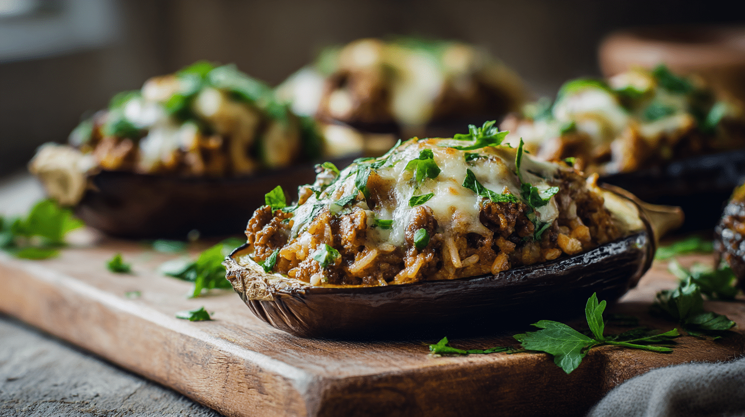 Aubergines farcies airfryer, croustillantes et savoureuses, prêtes à être dégustées.