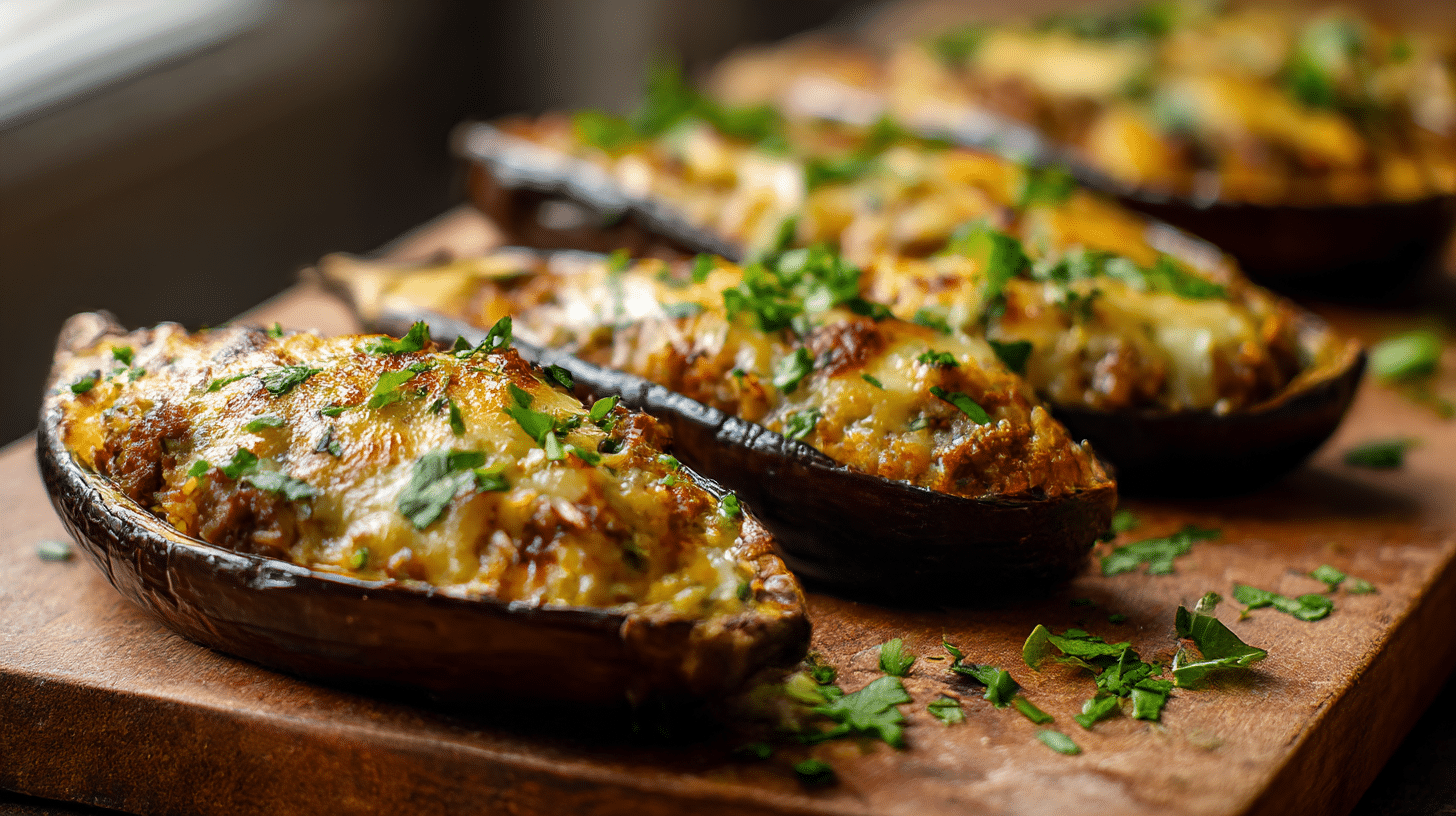 Garniture savoureuse d'aubergines farcies airfryer, montrant des ingrédients frais et sains.