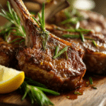 Côtelettes d'agneau airfryer croustillantes, présentées sur une assiette en bois.