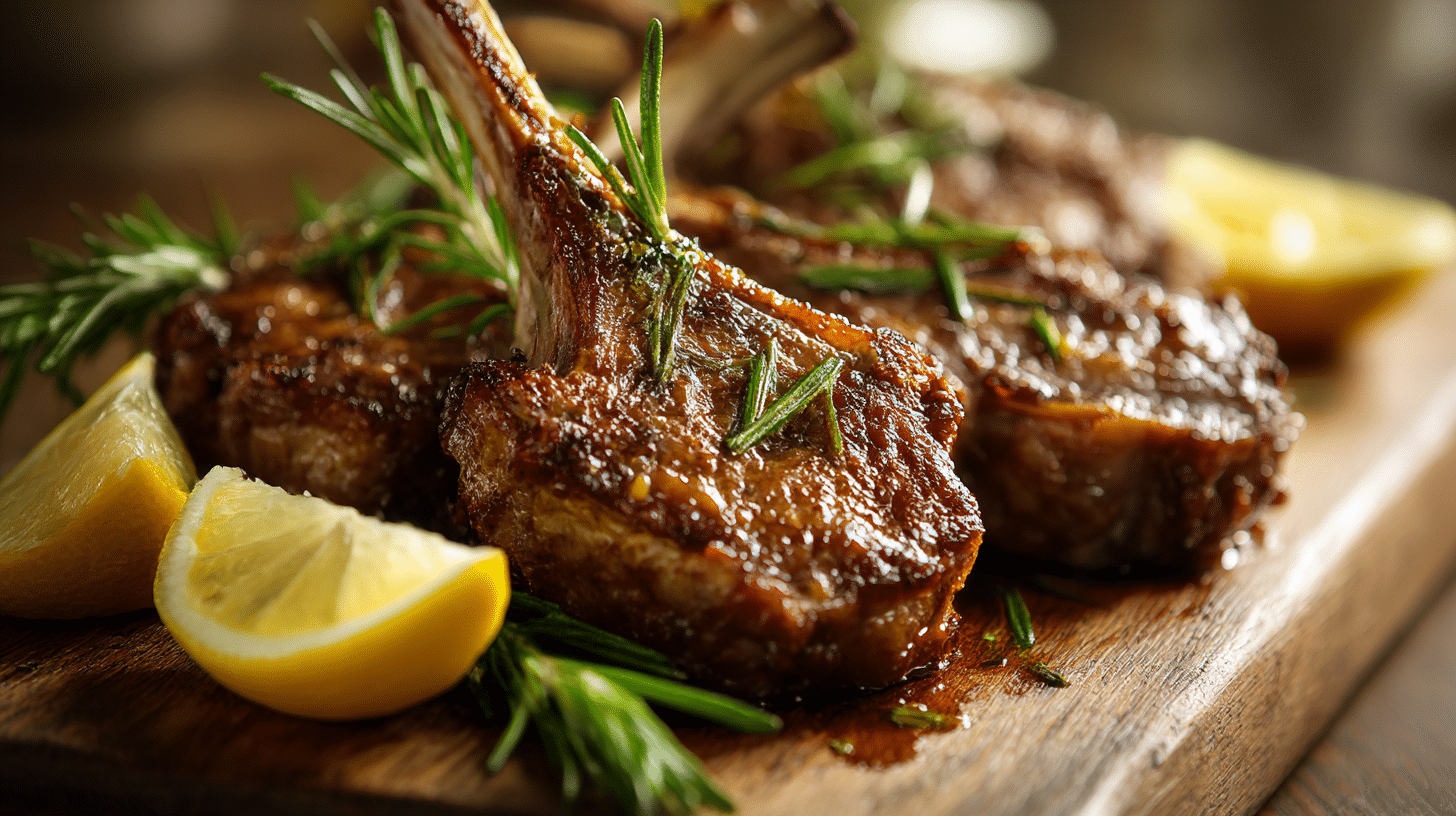 Côtelettes d'agneau airfryer croustillantes, présentées sur une assiette en bois.