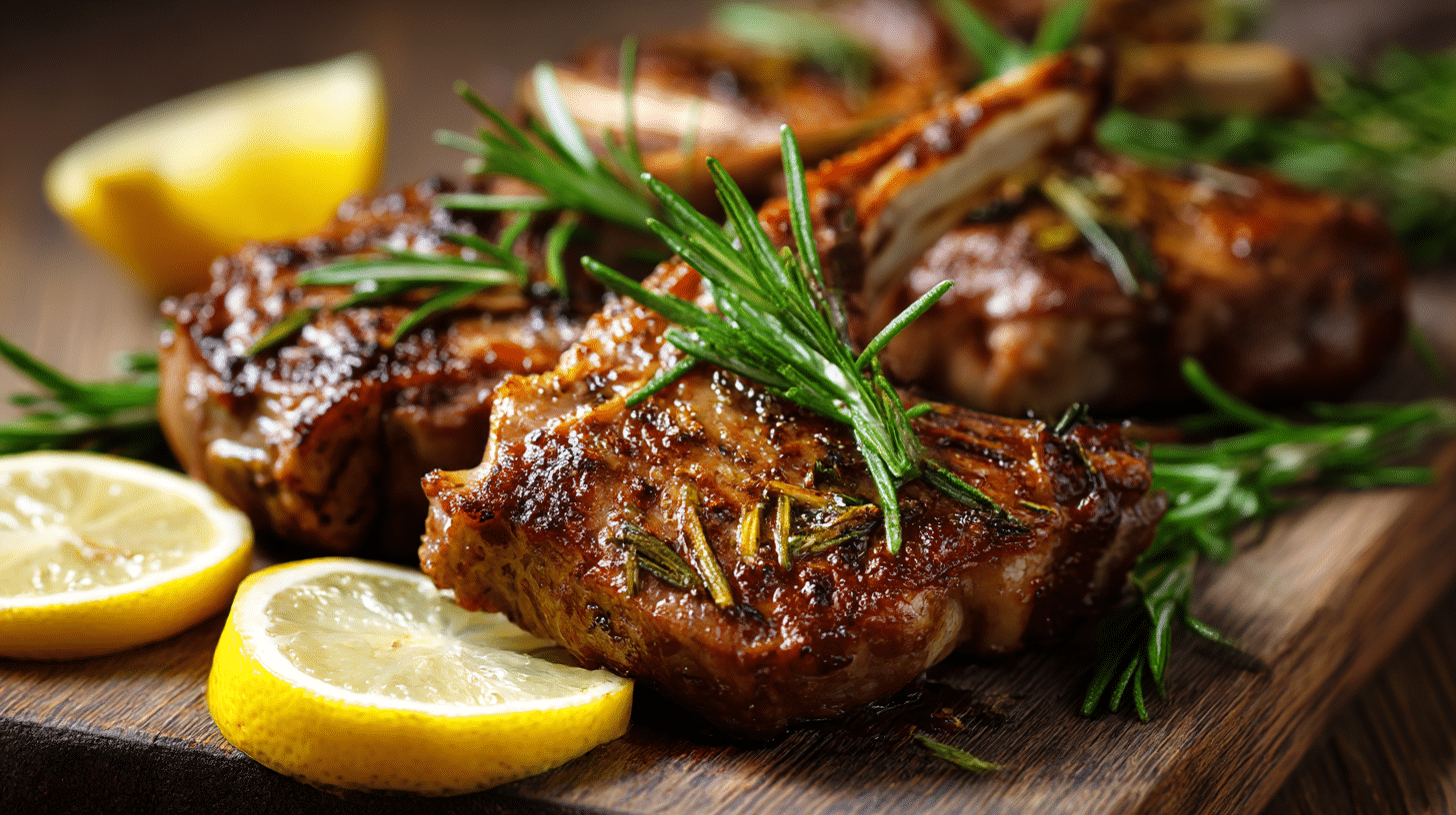 Côtelettes d'agneau airfryer servies avec des légumes grillés.