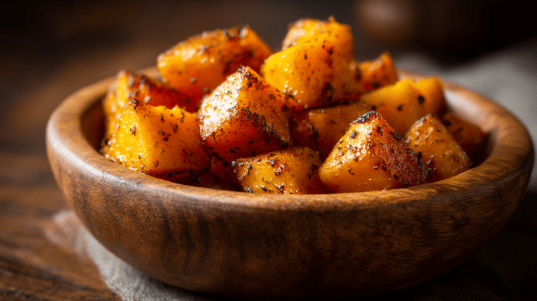 courge butternut rôtie airfryer présentée dans un plat élégant, montrant sa texture croustillante