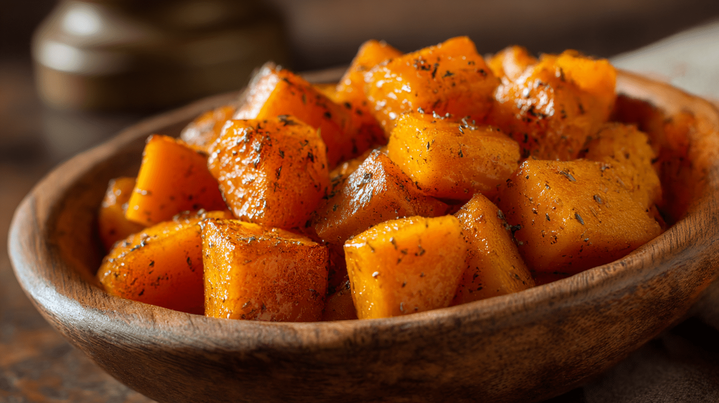 courge butternut rôtie airfryer servie dans une assiette, accompagnée d'herbes fraîches