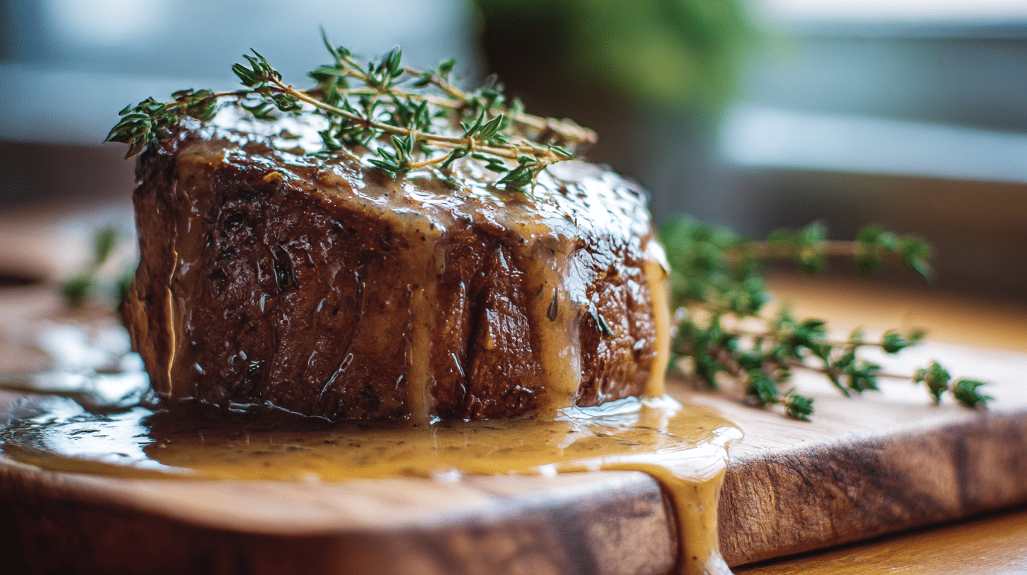 Filet mignon croustillant à la moutarde, miel et thym, sorti de l'airfryer.