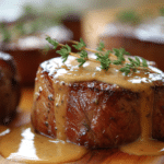 Filet mignon moutarde miel thym airfryer présenté sur une assiette.