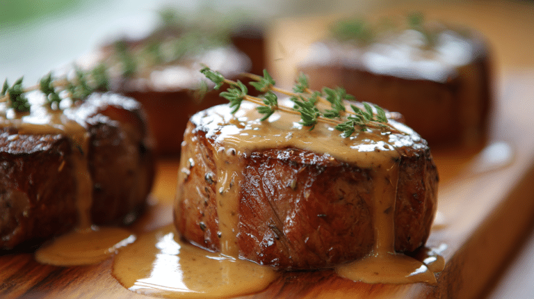 Filet mignon moutarde miel thym airfryer présenté sur une assiette.