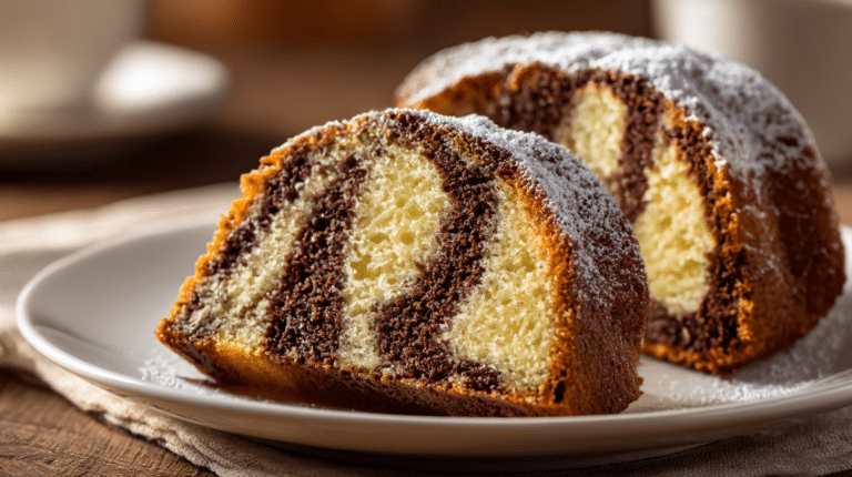 Gâteau marbré vanille chocolat airfryer, montré en coupe pour révéler ses couches