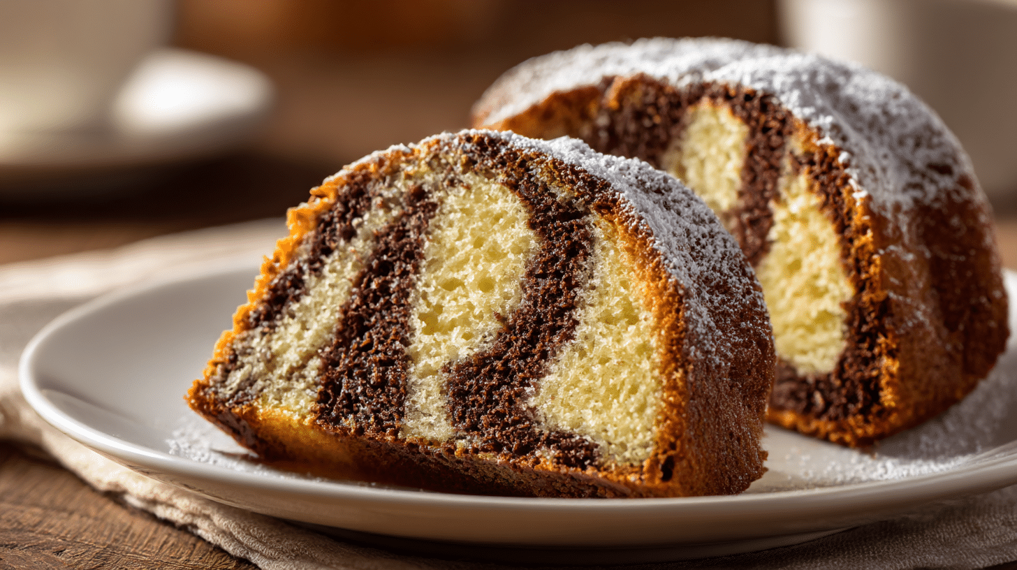 Gâteau marbré vanille chocolat airfryer, montré en coupe pour révéler ses couches